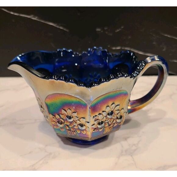 Fenton Carnival Glass Creamer Orange Tree Pattern Blue Base Scallop Edge GUC - Picture 7 of 9